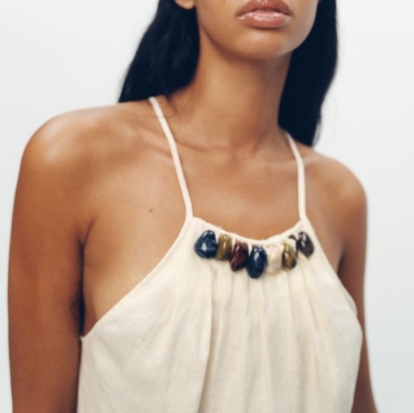 Like New. Linen Top with Gem Collar Detail - Picture 2 of 7